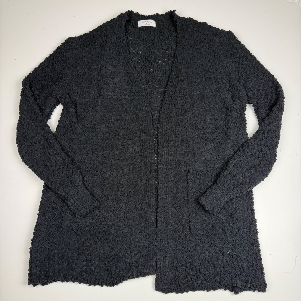 Zenana Women Soft Black Popcorn Knit Cardigan Open Front Pocket Sweater XL
